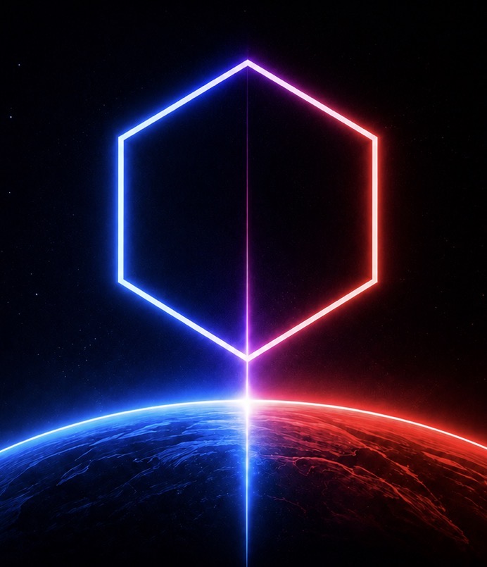 Neon hexagon rising over a blue-and-red planet horizon