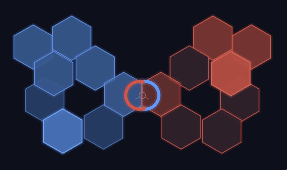 Blue and red hexagon wings meeting at the KRYSALYX compass centre