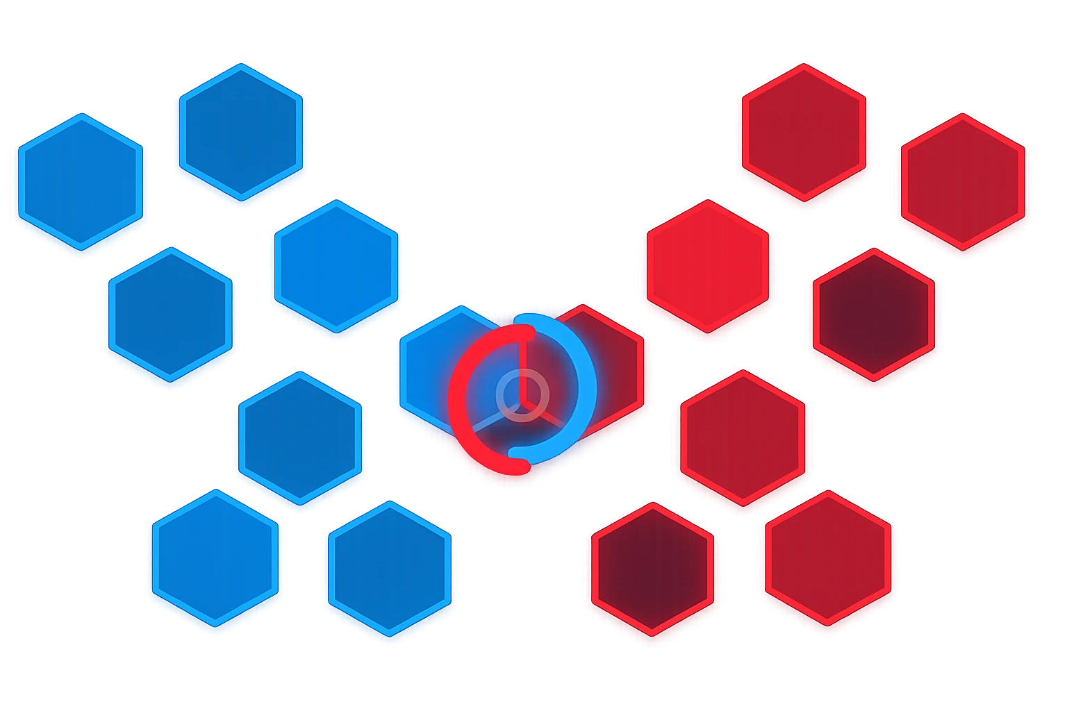 Sixteen glowing blue and red hexagons floating around a central KRYSALYX vortex