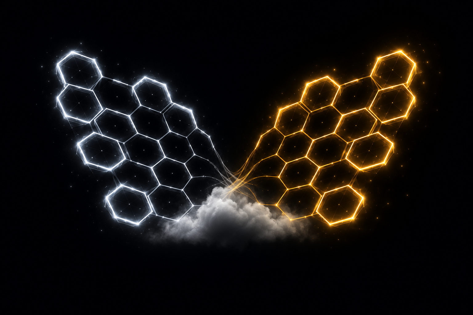 KRYSALYX Float symbol: silver and gold hexagonal wings rising from cloud
